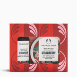 The Body Shop Strawberry shower gel and body butter set on a red and pink patterned box.