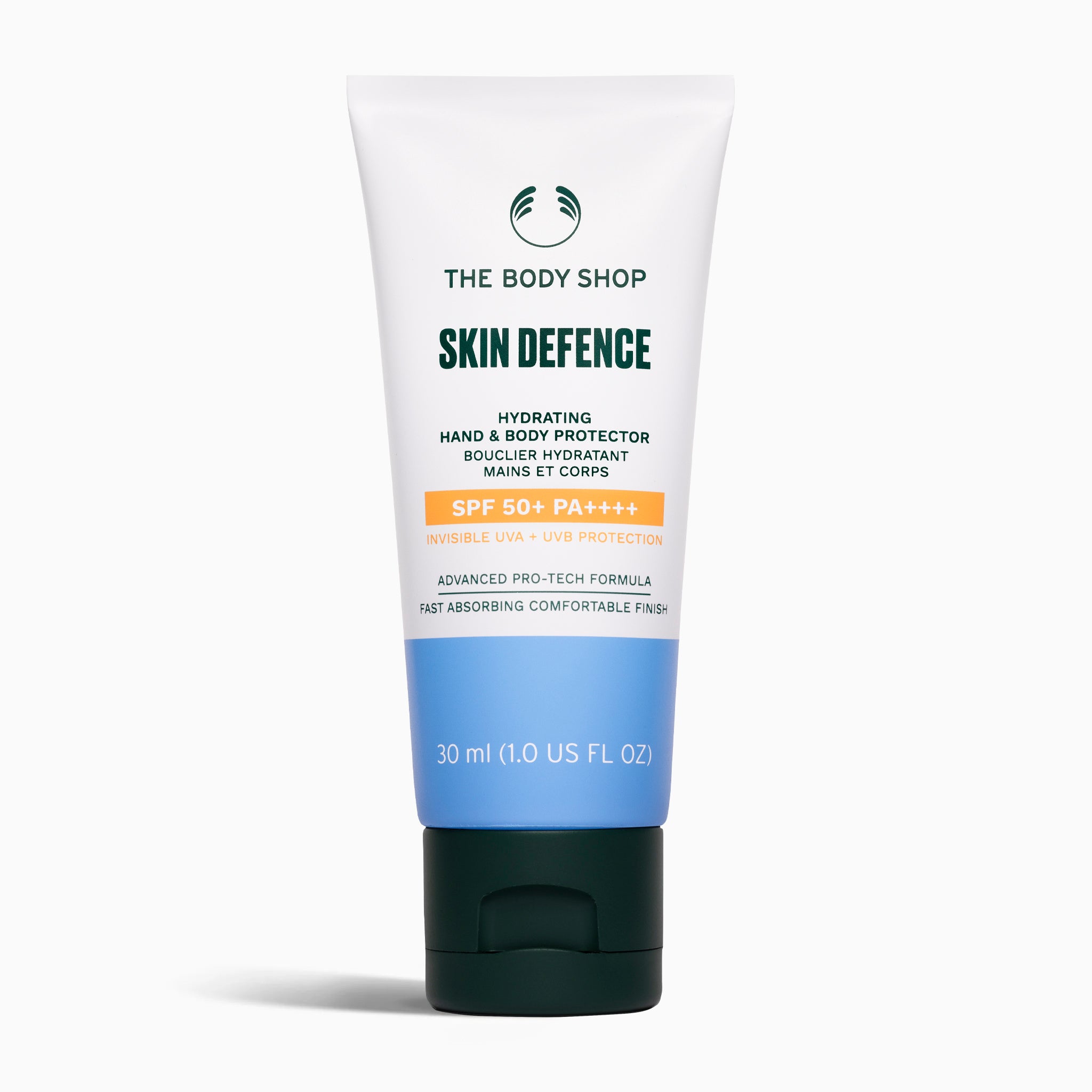 Tube of The Body Shop Skin Defence Hydrating Hand & Body Protector on a white background