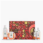 Cosmetic set with a patterned box and bottles on a white background