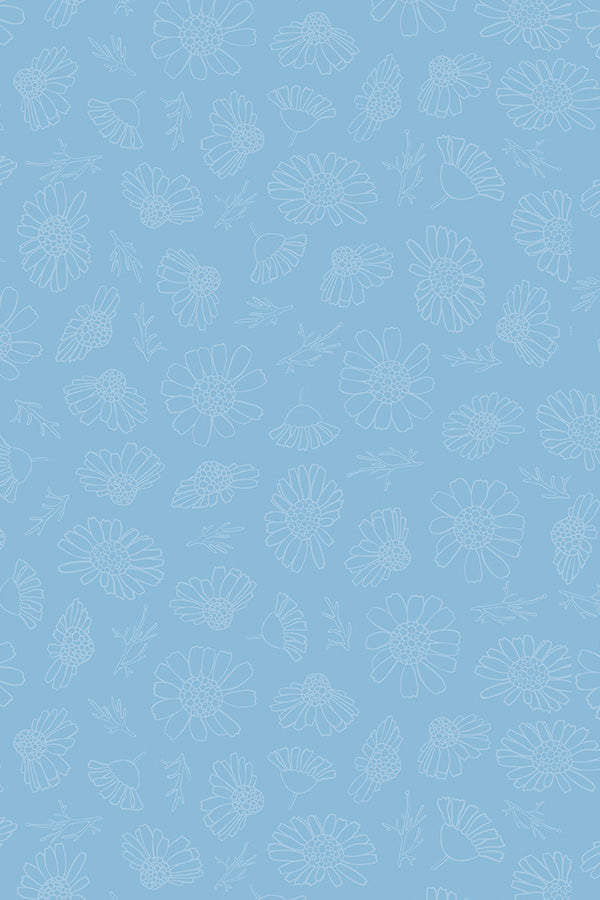 Light blue background with subtle white floral pattern